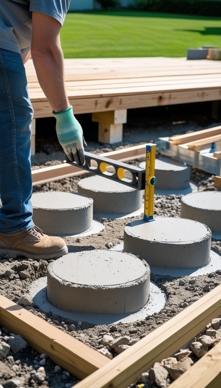 Close-up of concrete deck footings being installed with wooden beams on top in a backyard construction site.
