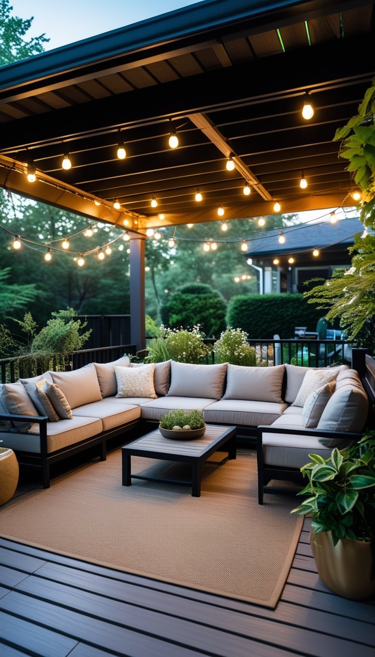 Cozy outdoor seating area with sectional sofas under a deck, surrounded by plants and soft lighting.