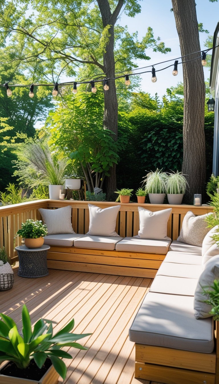 Outdoor wooden deck with built-in bench seating surrounded by plants and sunlight.