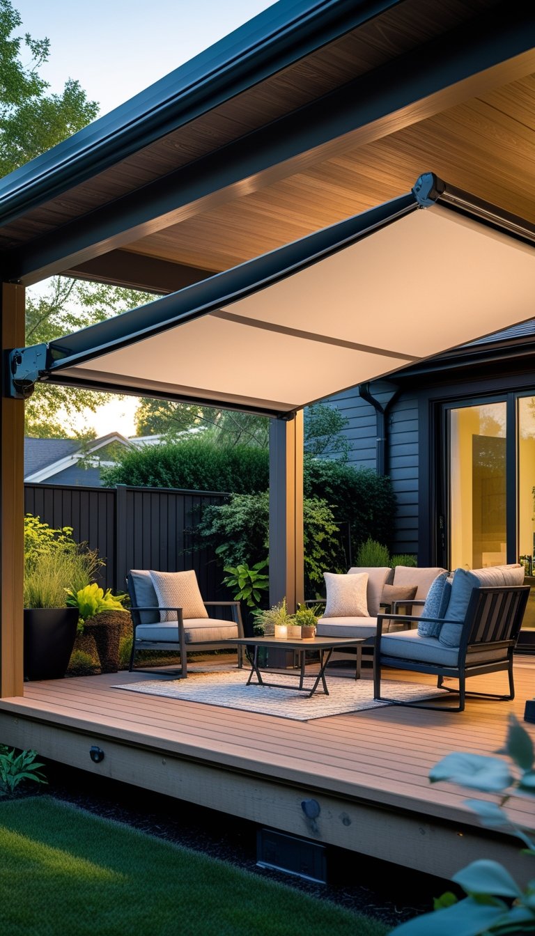 An under deck patio with a retractable canopy providing shade over outdoor seating and a small table.