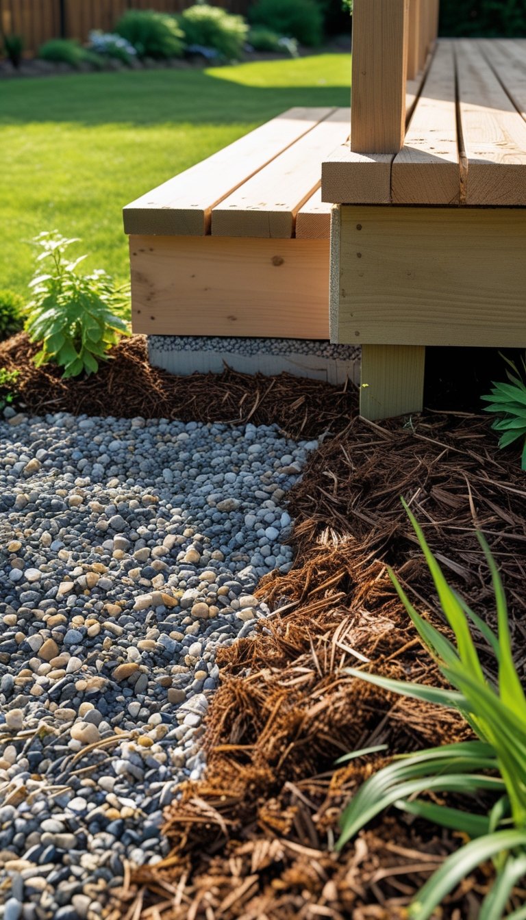 A wooden deck supported by a foundation of gravel and mulch in a backyard with grass and plants.