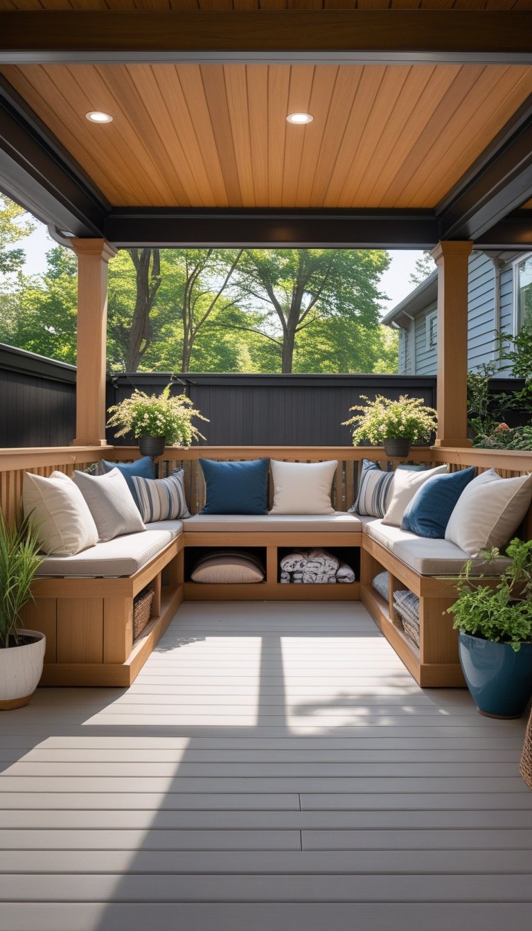 An under deck patio with built-in wooden benches that have storage compartments underneath, surrounded by plants and outdoor decor.