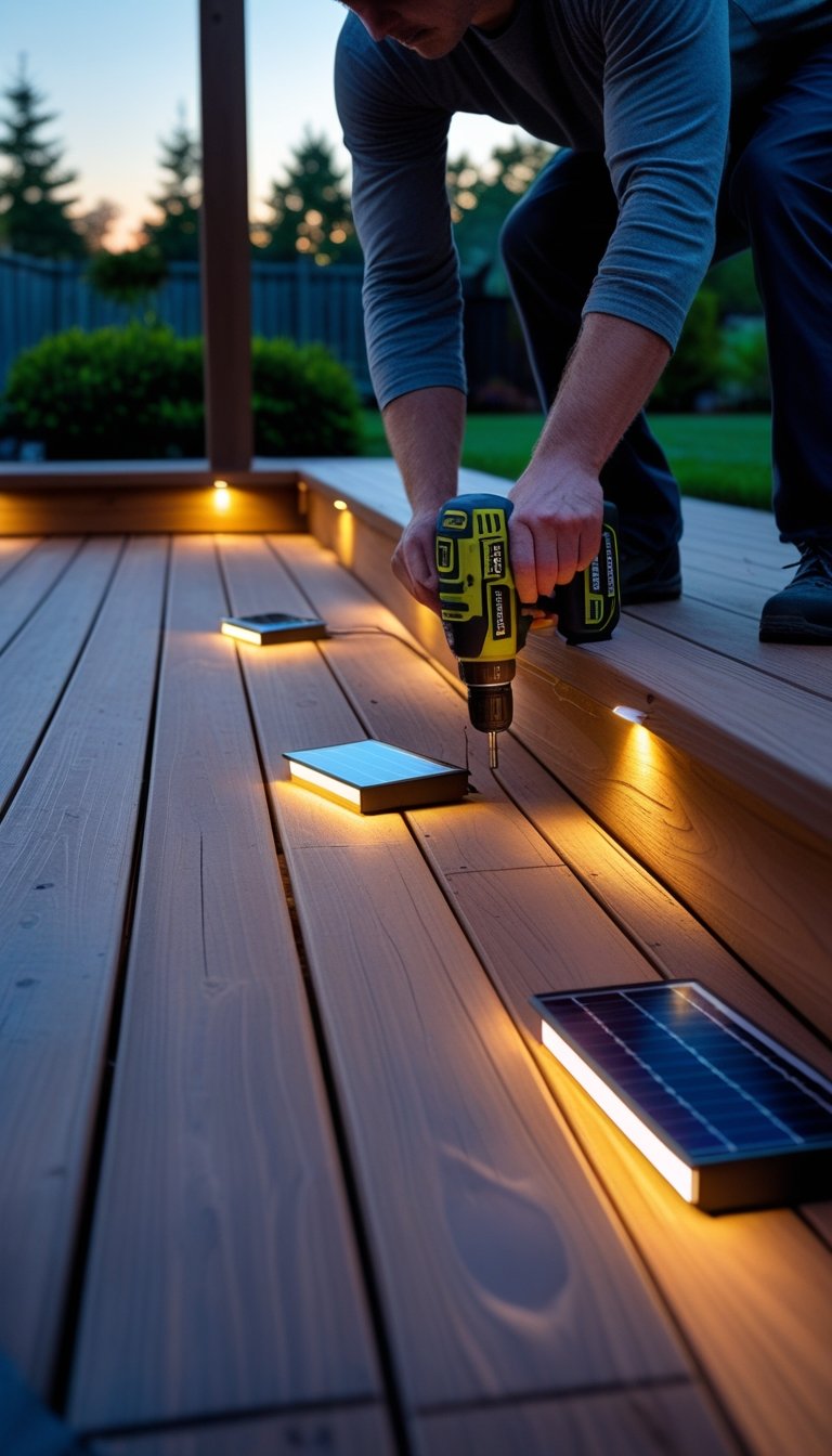 Person installing solar-powered LED lights on a wooden outdoor deck in a backyard at dusk.