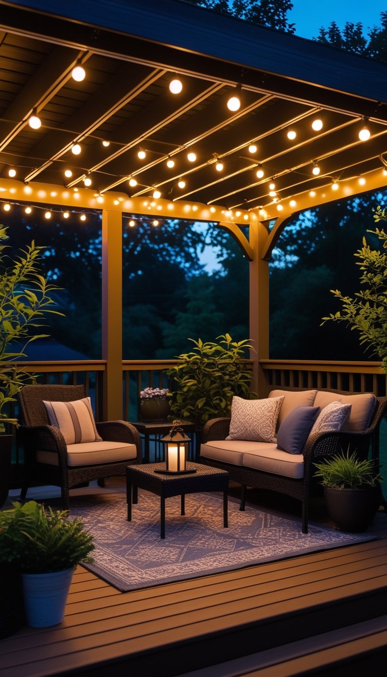 Under deck patio with string lights and LED fixtures providing warm ambient lighting over outdoor seating and plants.