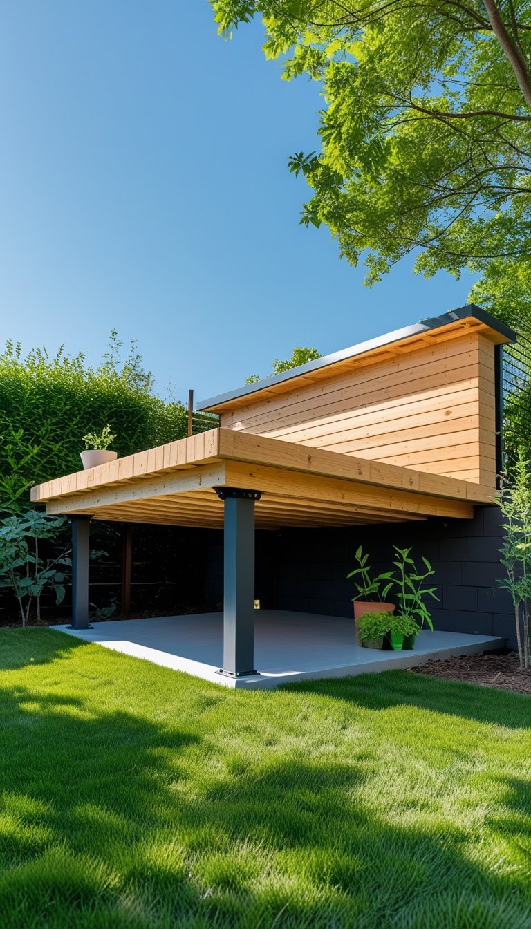A floating wooden deck elevated above grass in a backyard with plants and clear skies.