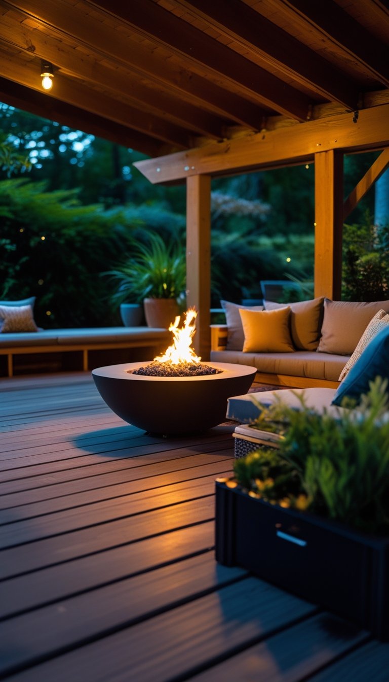 An under deck patio with a small fire pit surrounded by comfortable seating and plants.
