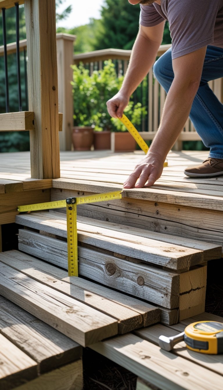 Hands working with old wooden boards to build steps and railings on a backyard deck surrounded by greenery.