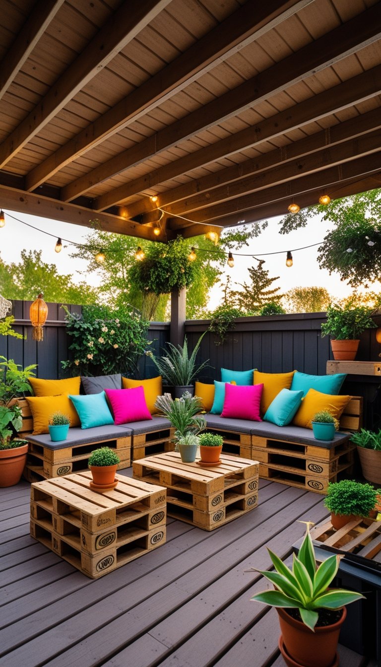 Under deck patio with furniture made from upcycled wood pallets, decorated with cushions and plants.