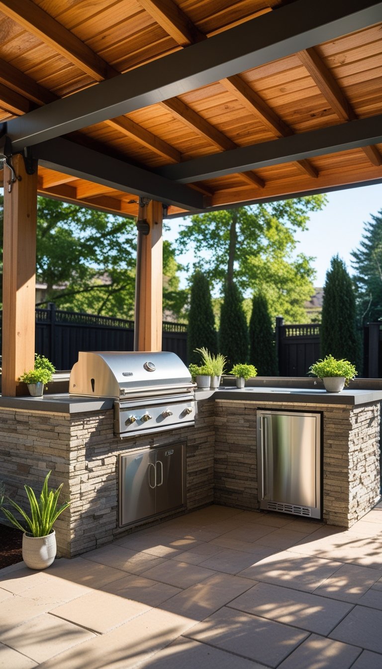 An outdoor kitchen under a deck patio with a grill and stone countertop surrounded by wooden beams and plants.