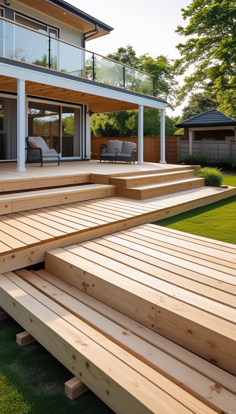 A multi-level wooden deck with steps in a backyard attached to a house, showing the wood structure and surrounding grass.