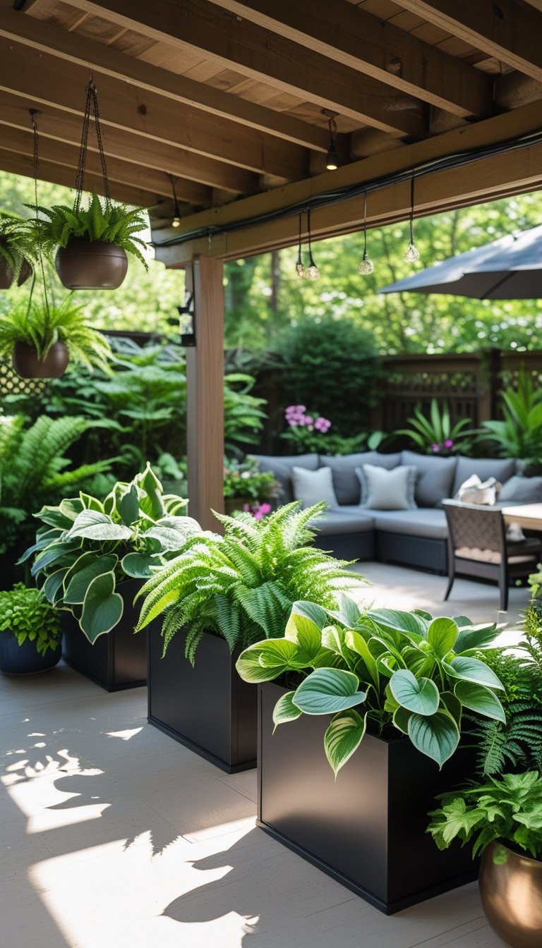 Under deck patio with several planters containing shade-tolerant green plants, creating a lush and inviting outdoor space.