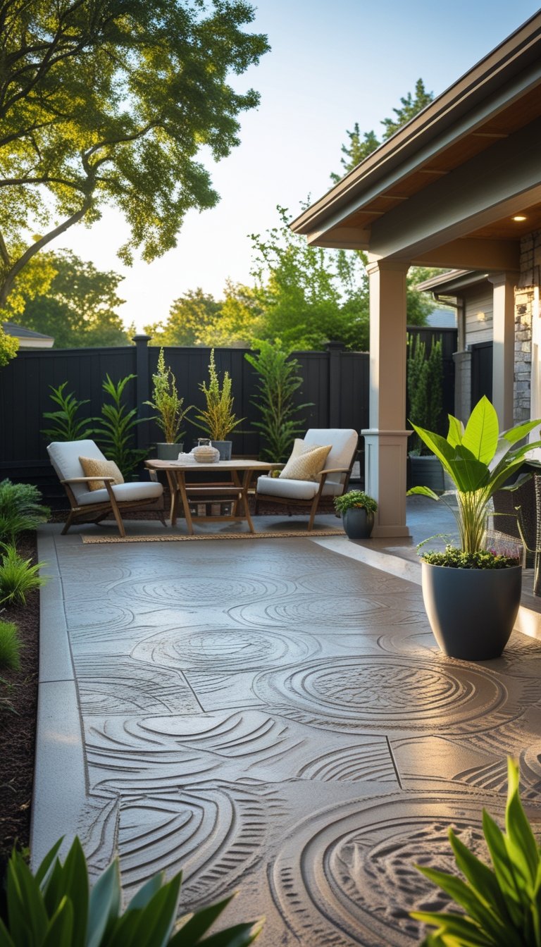 Outdoor patio with patterned stamped concrete flooring, outdoor furniture, and surrounding greenery.