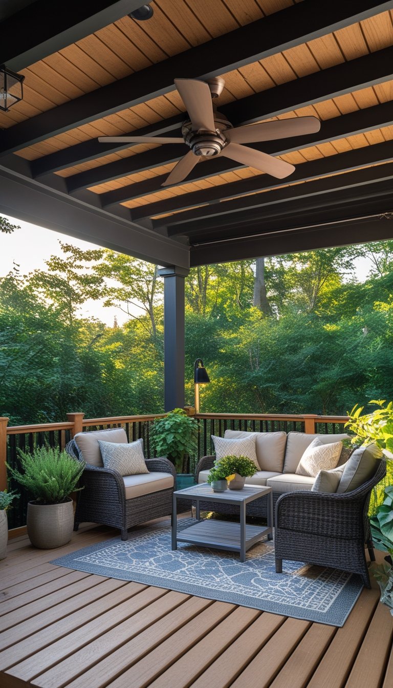 An under deck patio with a ceiling fan installed above comfortable outdoor seating surrounded by plants.