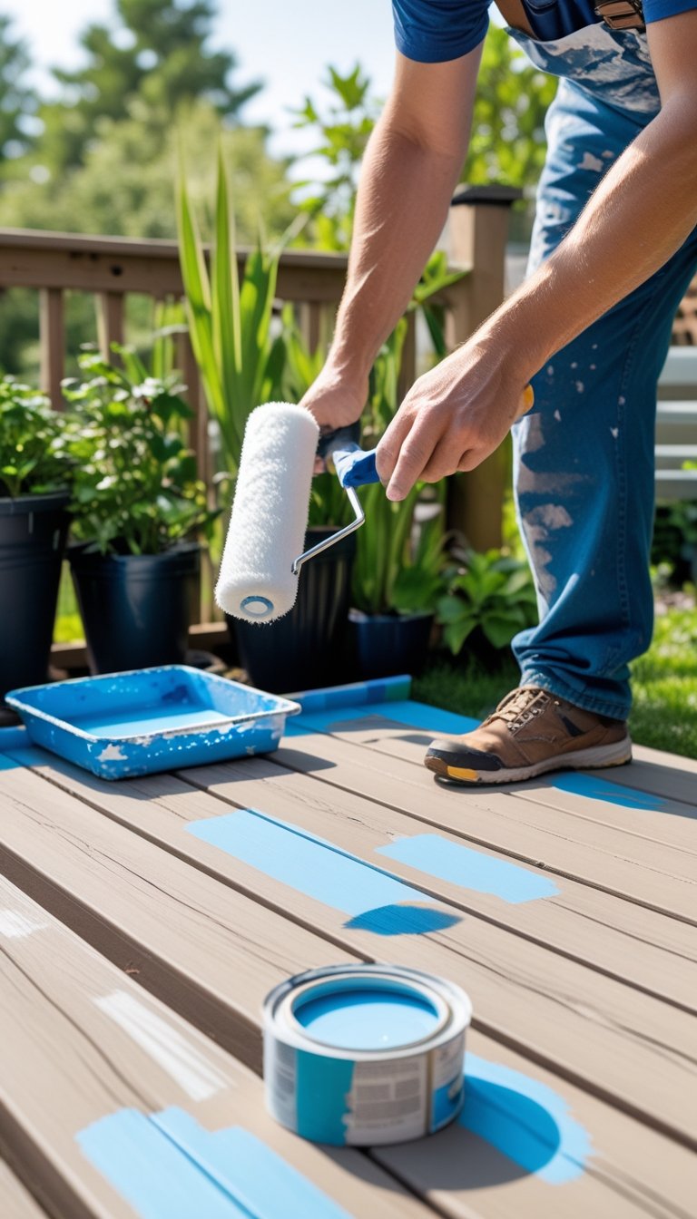 Person painting a wooden deck outdoors with a roller on a sunny day.