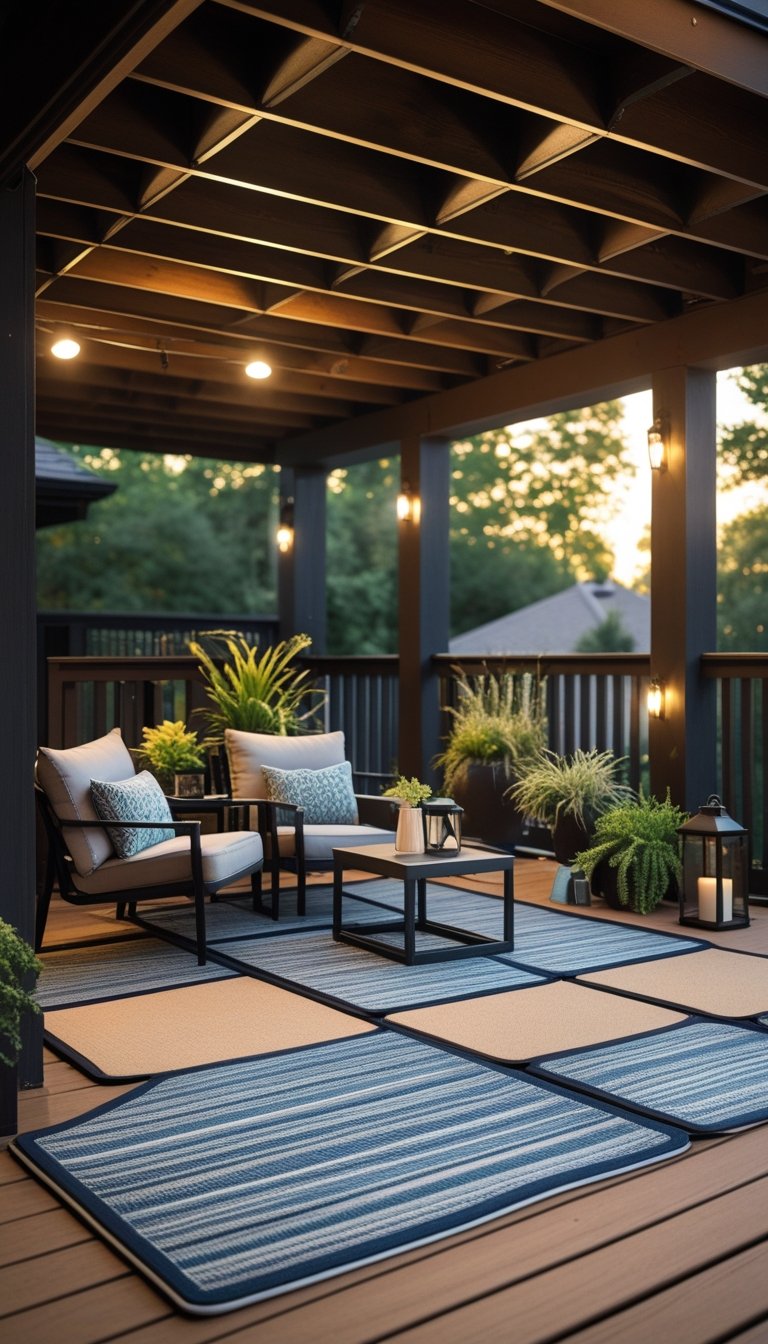 Under deck patio with modular outdoor rugs, cushioned chairs, a coffee table, plants, and wooden beams overhead.
