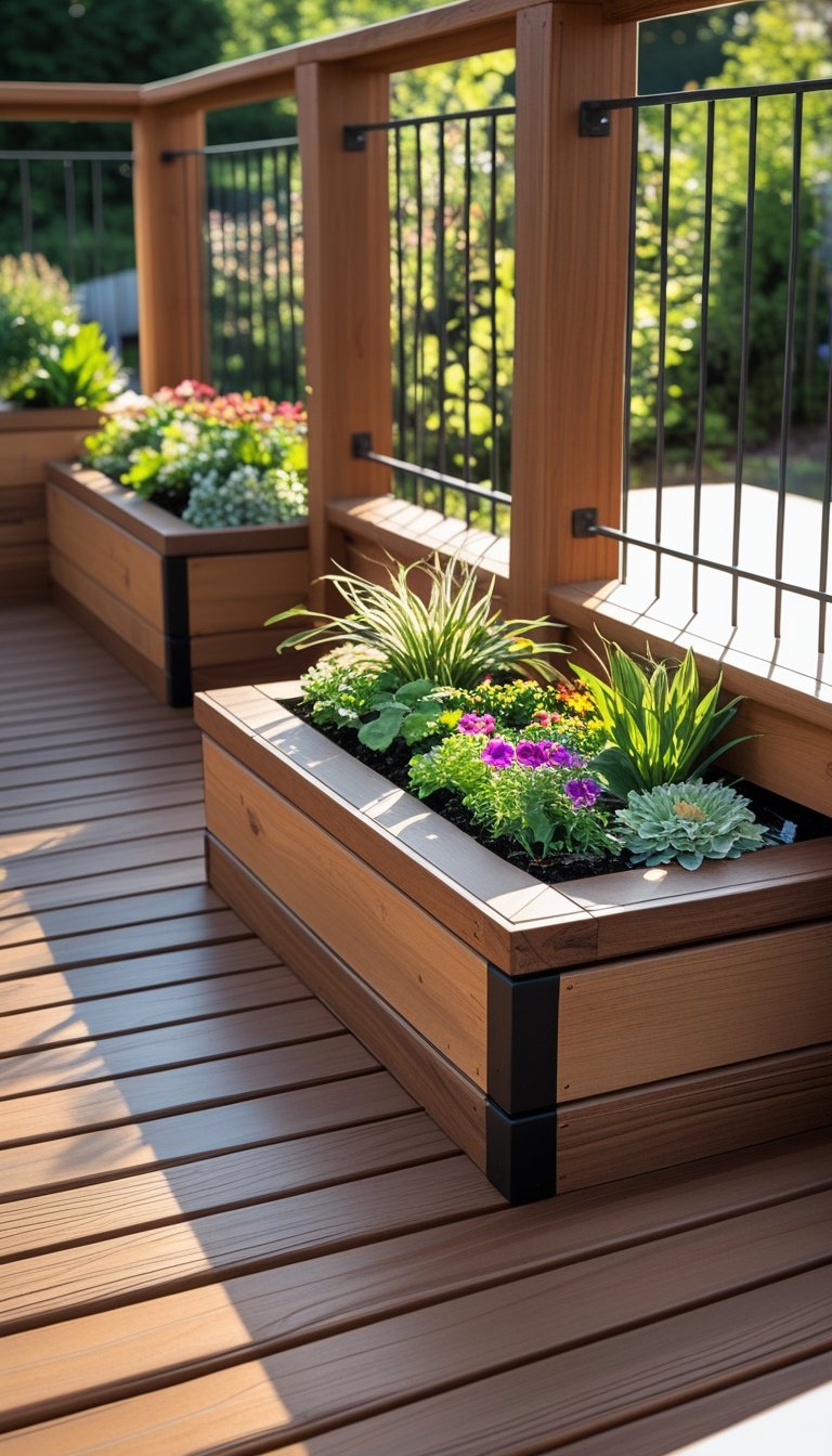 A wooden deck with built-in planter boxes filled with green plants and flowers, surrounded by a garden.