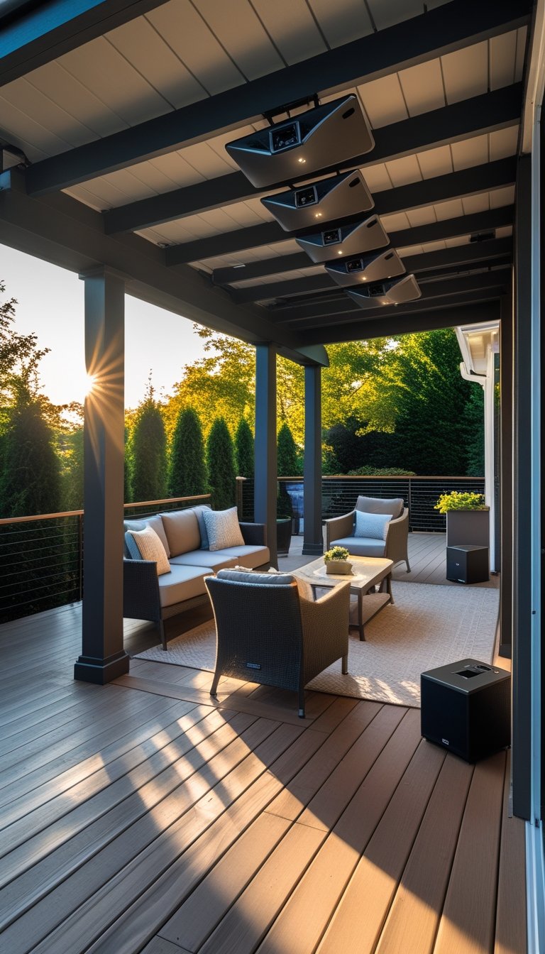 Under deck patio with outdoor seating and weatherproof speakers installed for entertainment.