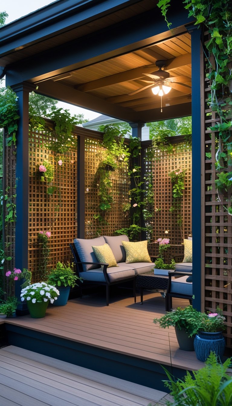 An under deck patio with wooden lattice panels supporting climbing plants and furnished with outdoor seating.