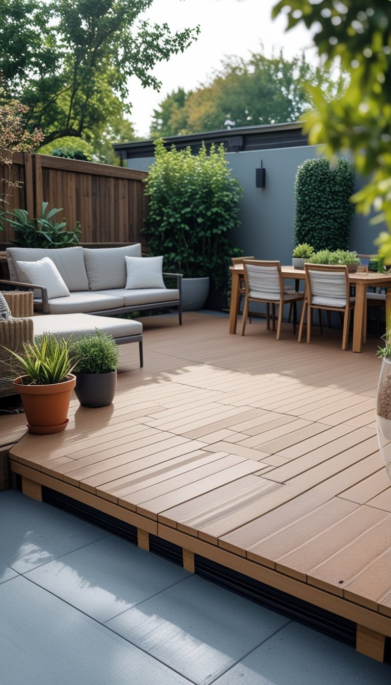 Backyard patio with wooden deck tiles installed over concrete, surrounded by plants and outdoor furniture.