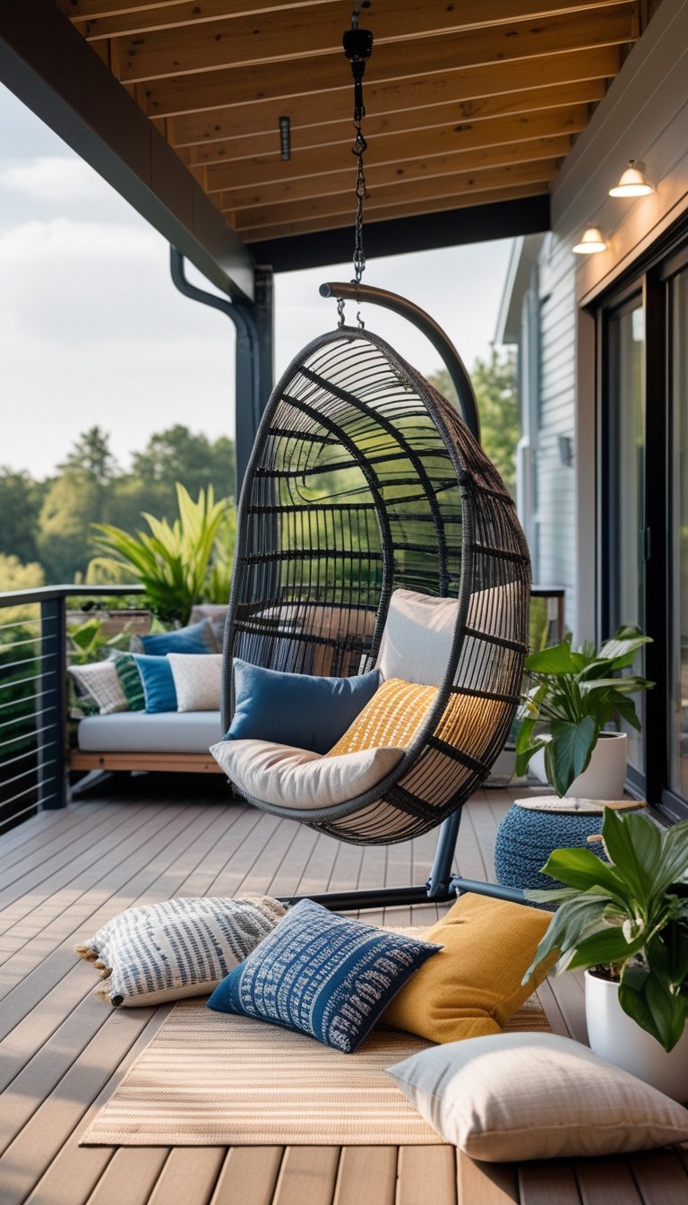 Under deck patio with a hammock or swinging chair surrounded by plants and outdoor furniture.