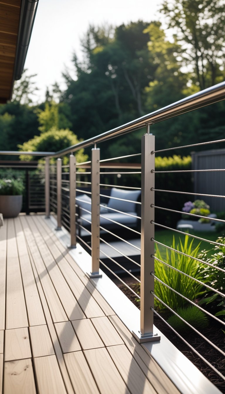A wooden outdoor deck with stainless steel cable railings overlooking a green backyard garden.