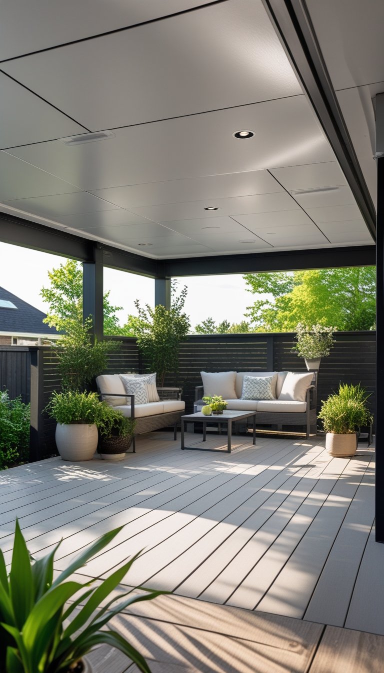 Under deck patio area with waterproof decking panels installed on the ceiling and outdoor seating below.