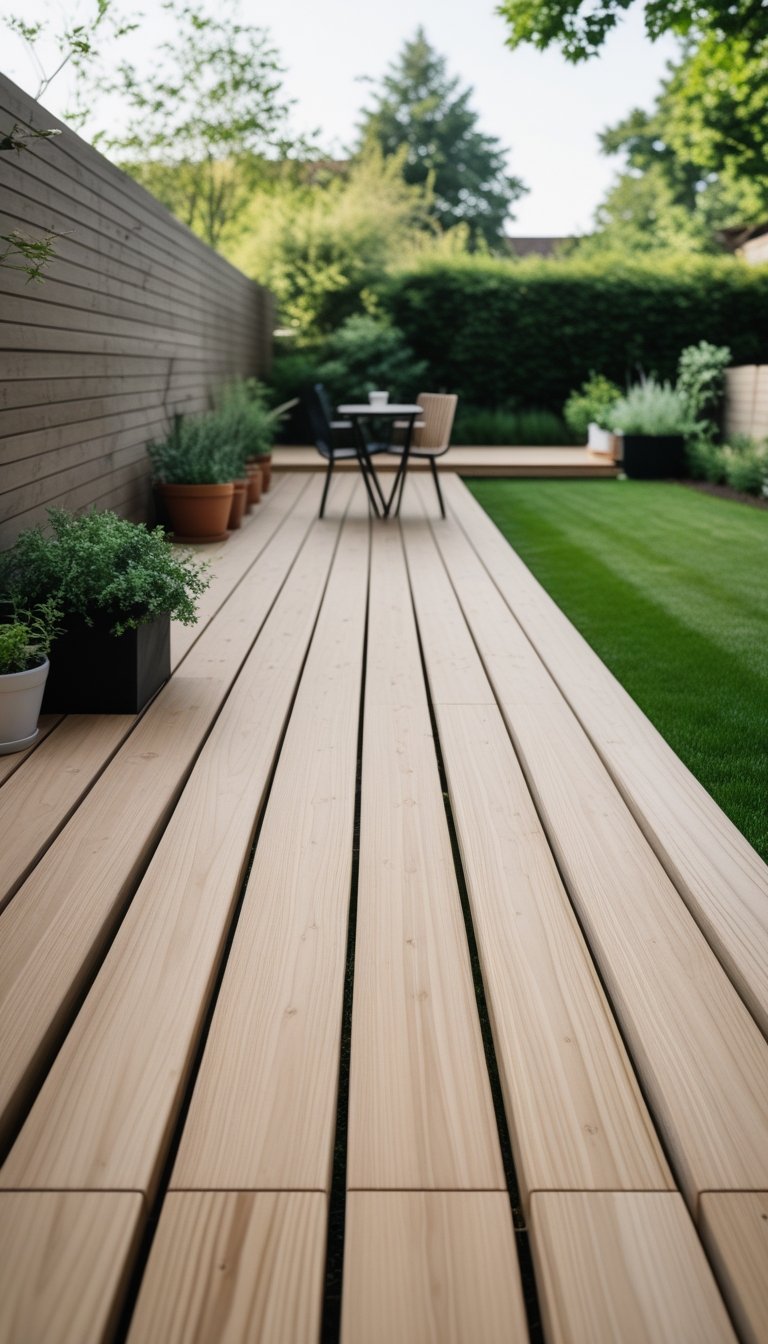 A simple wooden deck with straight planks in a backyard with outdoor furniture and plants.