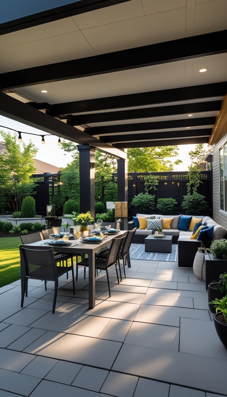 Under deck patio with separate dining table and comfortable lounging area surrounded by plants.