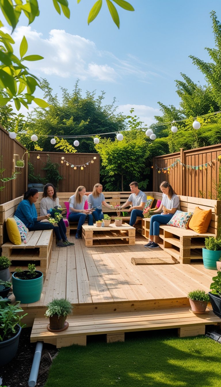 A wooden backyard deck with handmade furniture, plants, and people enjoying the outdoor space.