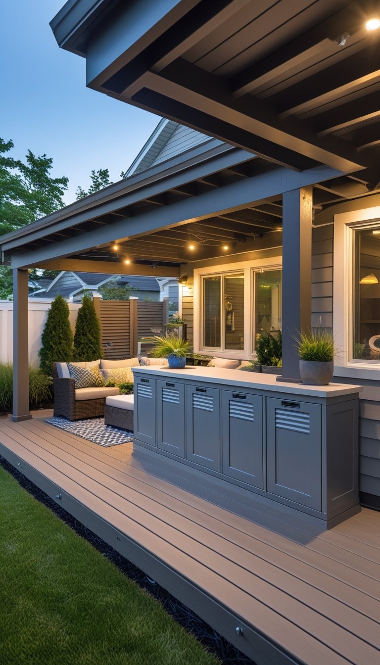 Under deck patio area with outdoor storage cabinets, seating, and plants.