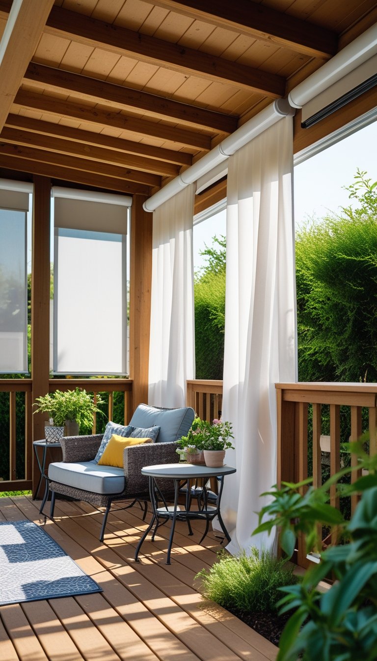 Under deck patio with roller shades and curtains installed for privacy, featuring outdoor seating and surrounding greenery.