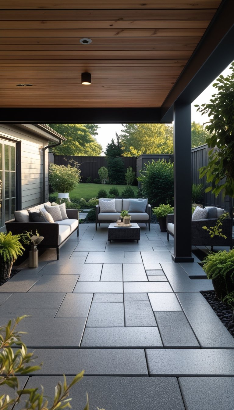 Under deck patio with stone pavers, outdoor furniture, and surrounding greenery.