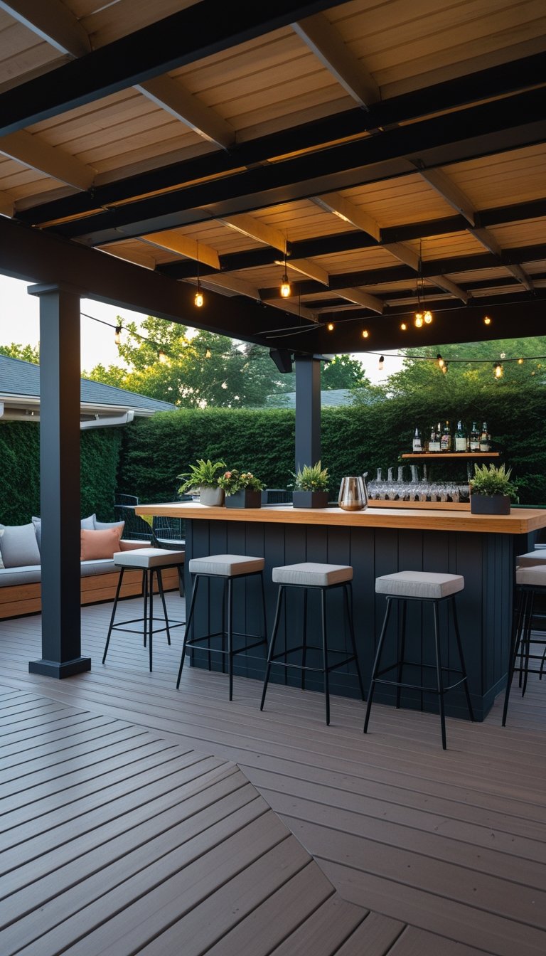 Under deck patio with a bar area and stools arranged for casual gatherings, surrounded by plants and outdoor seating.
