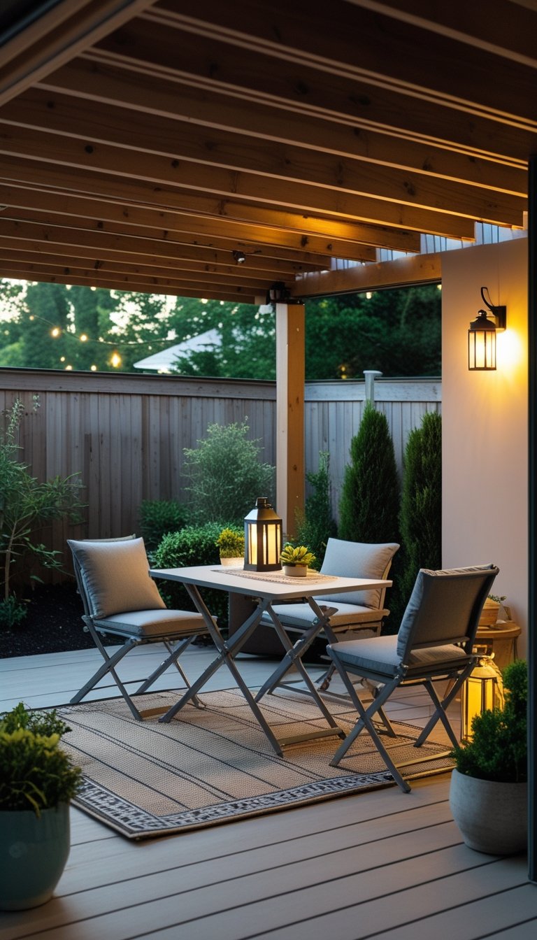 Under deck patio area with foldable table and chairs arranged in a cozy outdoor space surrounded by plants and wooden beams.