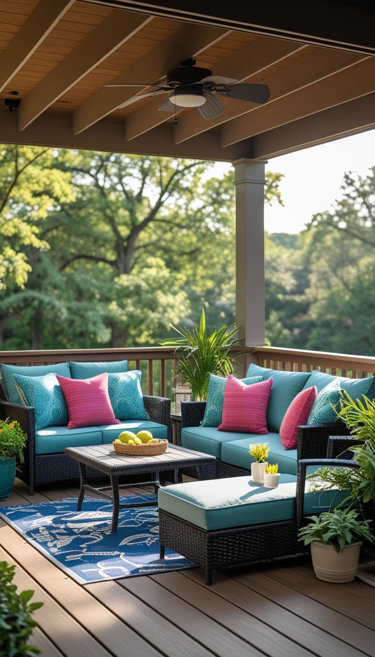 Under deck patio with outdoor cushions and textiles designed for sun protection on seating furniture.