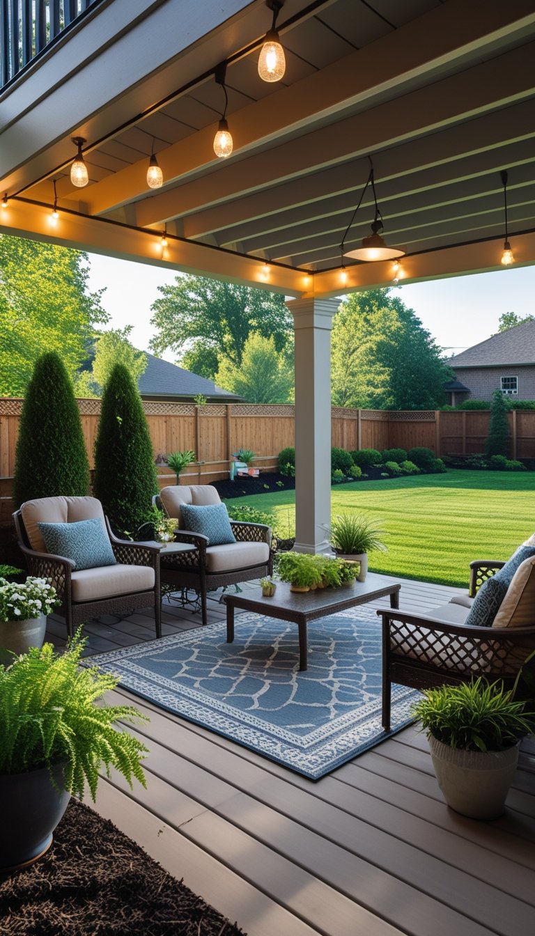 Under deck patio with seating, lighting, plants, and a backyard view.