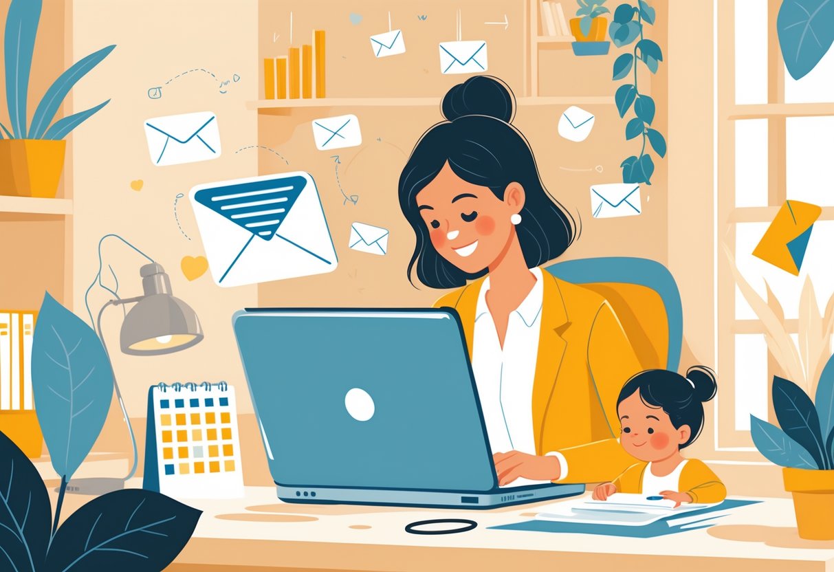 A mom working on a laptop in a home office with a child nearby, surrounded by email and marketing icons.