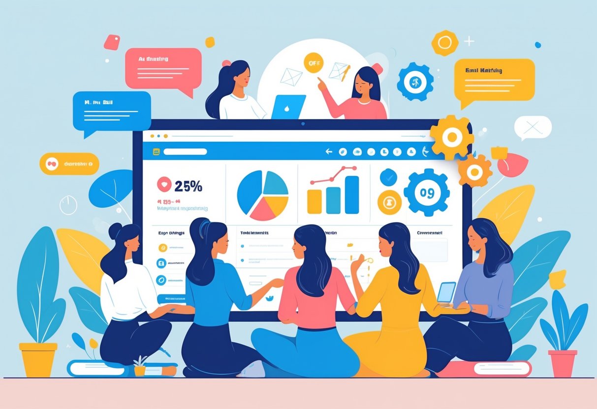 A group of diverse mom entrepreneurs collaborating around a tablet showing email marketing features in a small business setting.