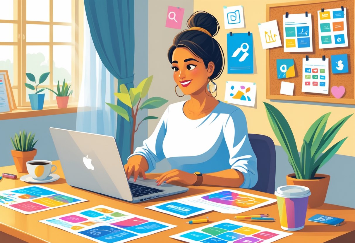 A mom working at a desk with a laptop and colorful marketing materials around her, in a cozy home setting.