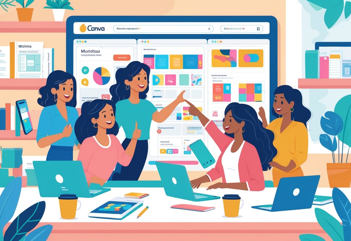 A group of moms working together on laptops and tablets to create marketing materials in a bright home office.