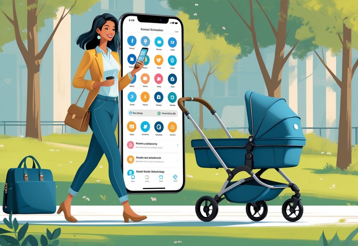 A mom entrepreneur holding a smartphone showing a social media scheduling app while pushing a stroller in a park.