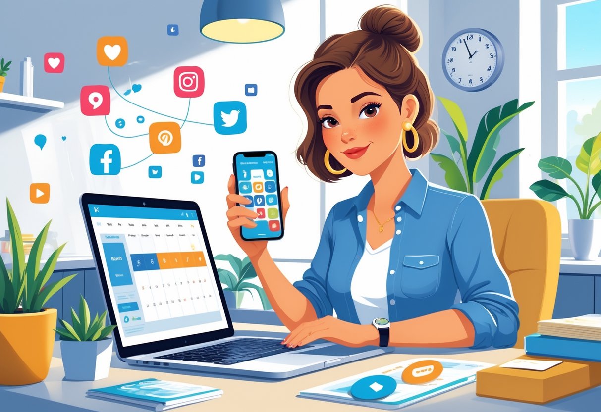 A mom working on a laptop with a smartphone in hand while her toddler plays nearby in a home office.