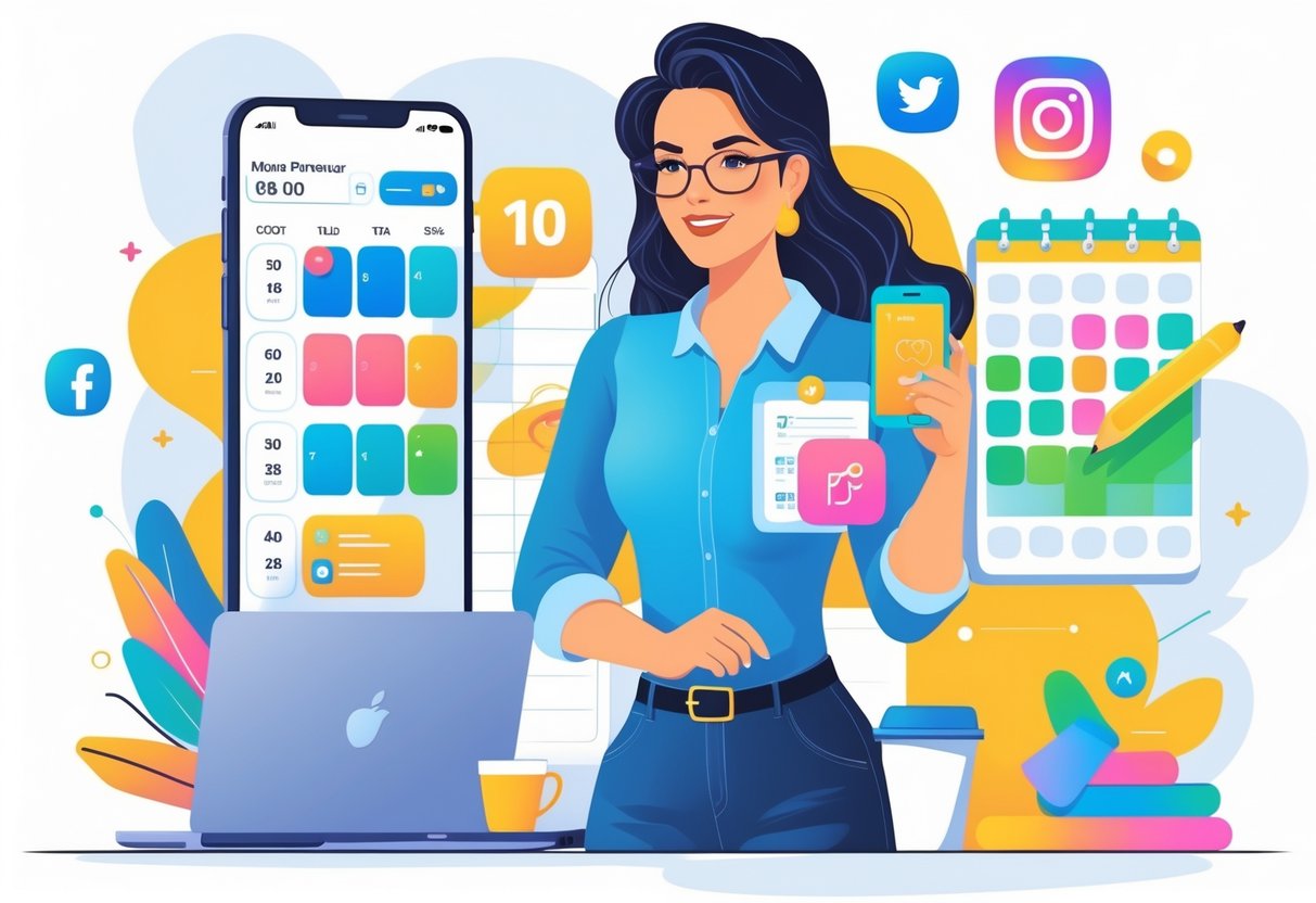 A mom entrepreneur using a smartphone to manage her social media schedule while surrounded by icons for calendar, clock, checklist, and social media platforms.