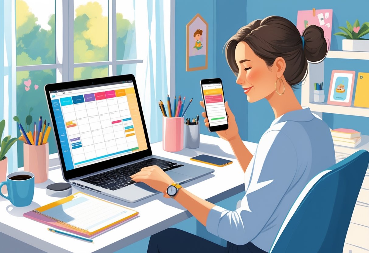 A young mother working at a desk with a laptop and smartphone in a cozy home office, surrounded by stationery and family items.