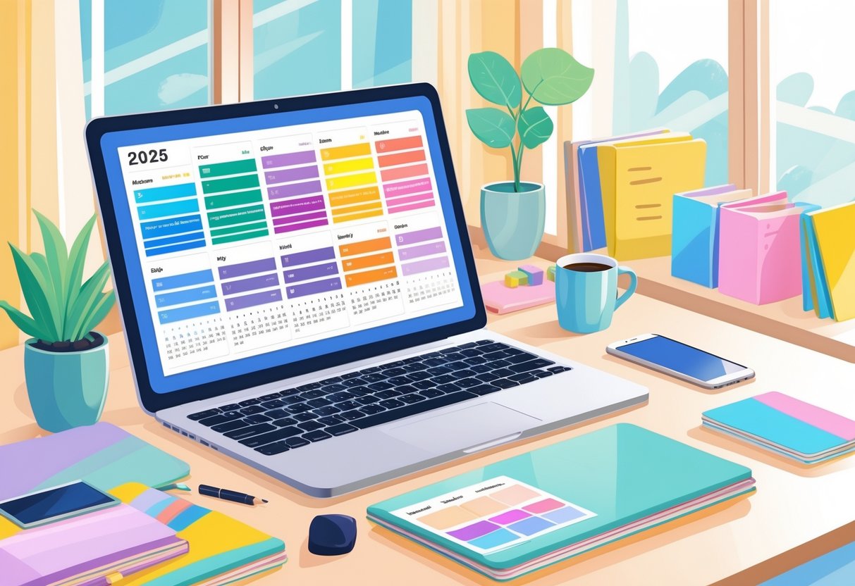A workspace showing a laptop with daily, weekly, and monthly calendar layouts on screen, surrounded by a coffee mug, smartphone, plant, and children's toys in a bright home office.