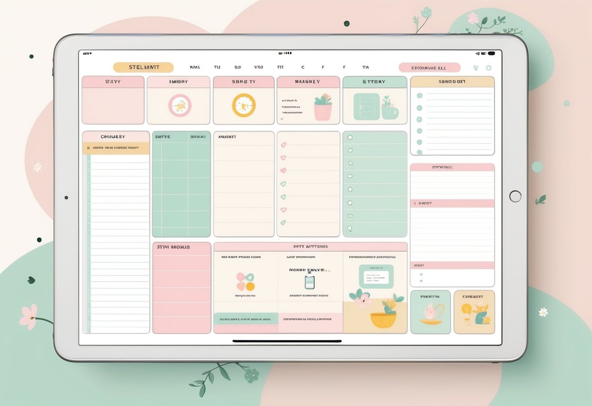A digital planner layout on a tablet screen with sections for daily schedules, meal planning, to-do lists, and family activities, using soft pastel colors and icons representing household and family tasks.