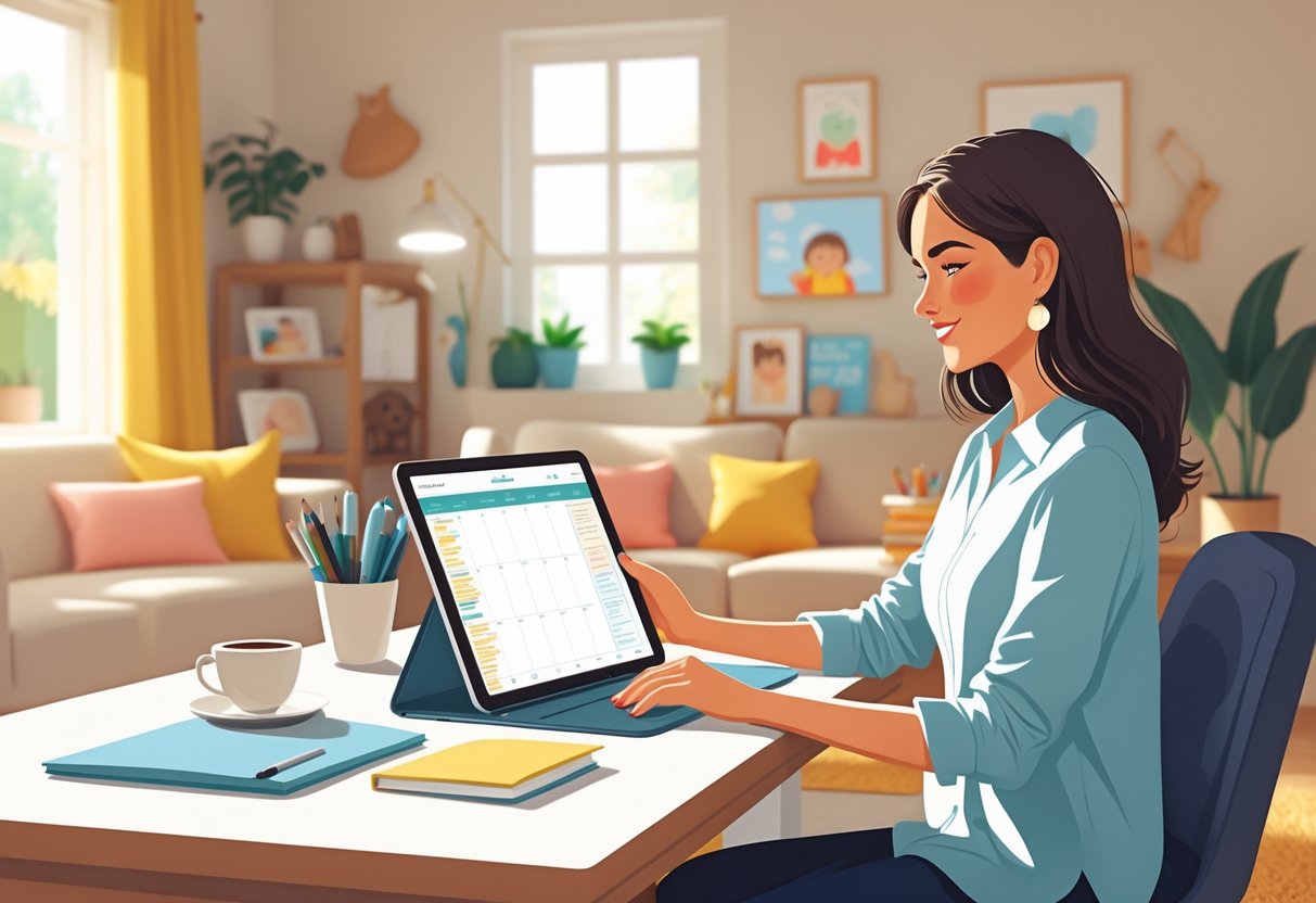 A stay-at-home mom using a tablet with a digital planner at a desk in a cozy home setting with family items in the background.