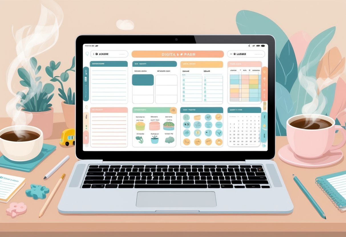 A digital planner displayed on a tablet surrounded by cozy home items like a cup of tea, a plant, and children's toys.