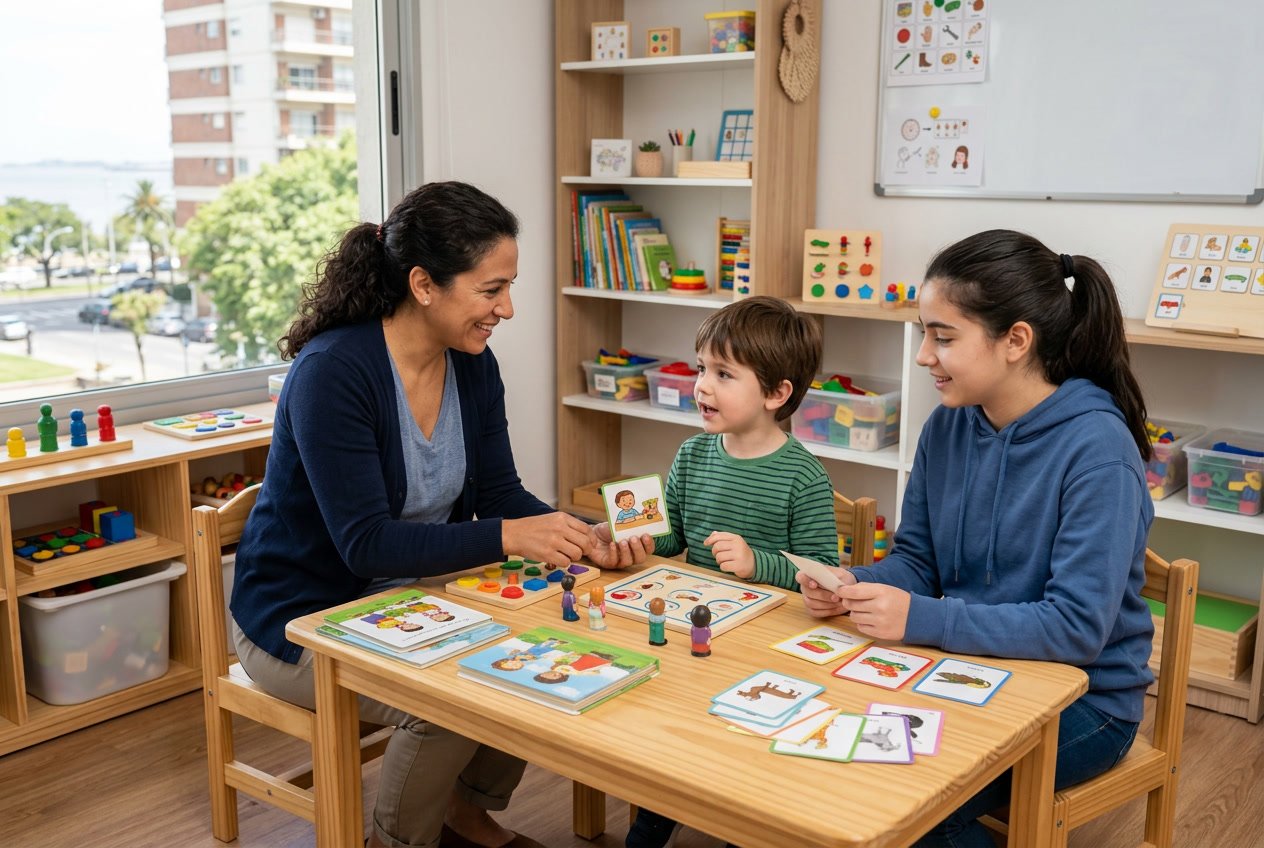 Un terapeuta del habla trabajando con un niño y un adolescente en una clínica moderna en Montevideo.