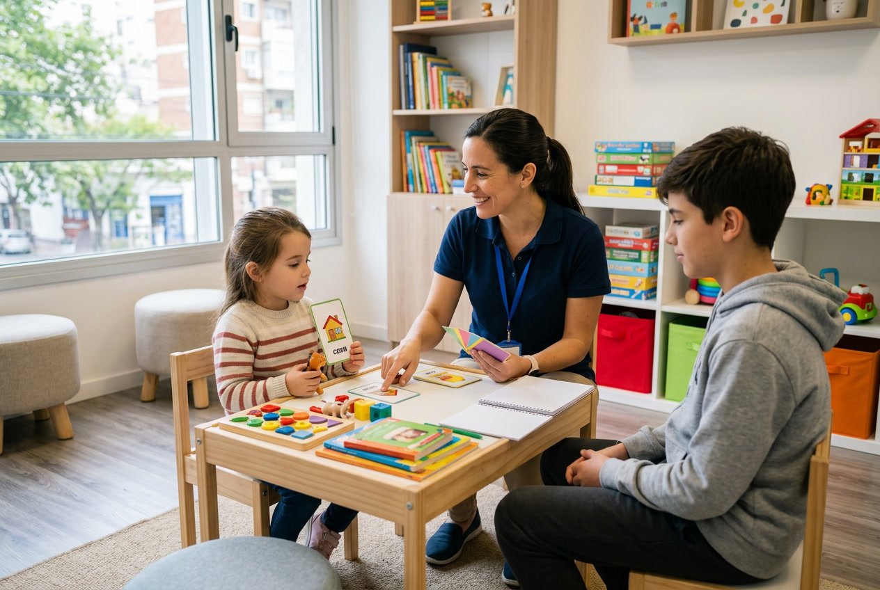 Una terapeuta del habla evaluando a un niño y un adolescente en una consulta clínica luminosa y acogedora.